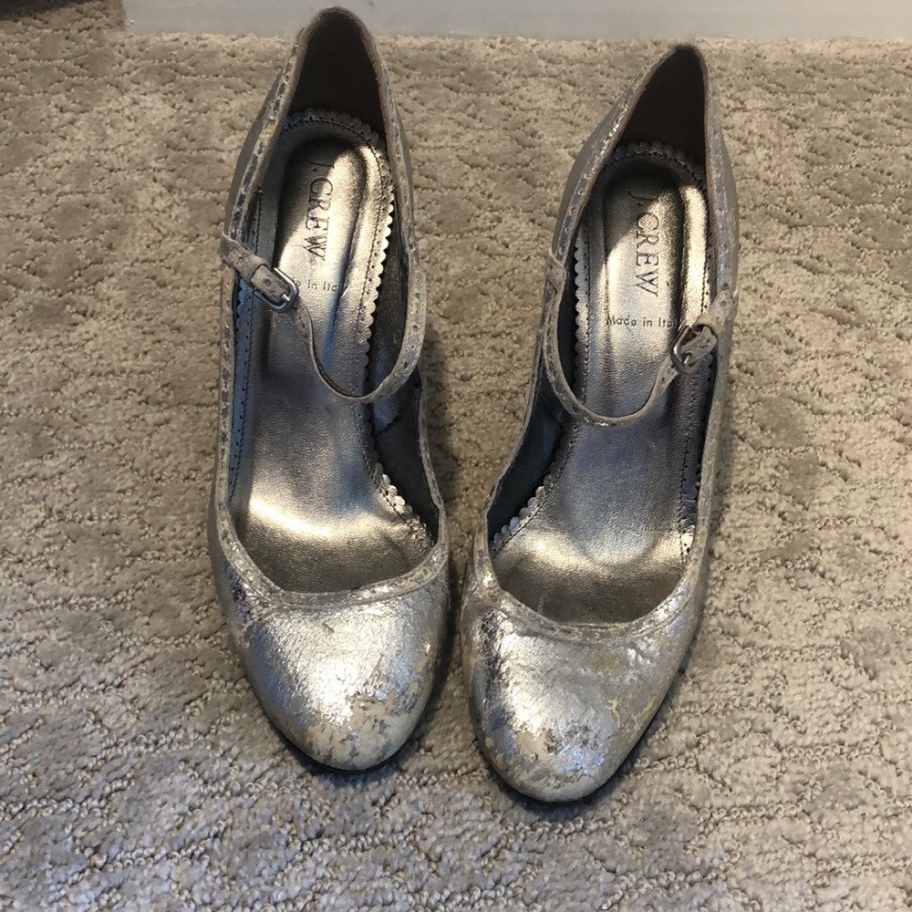 J. Crew distressed crackled silver block heels